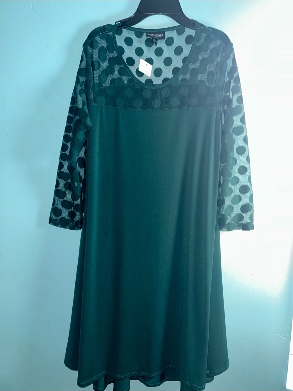 INC International Concepts Dark Green Polka Dot Mesh Yoke A-Line Dress